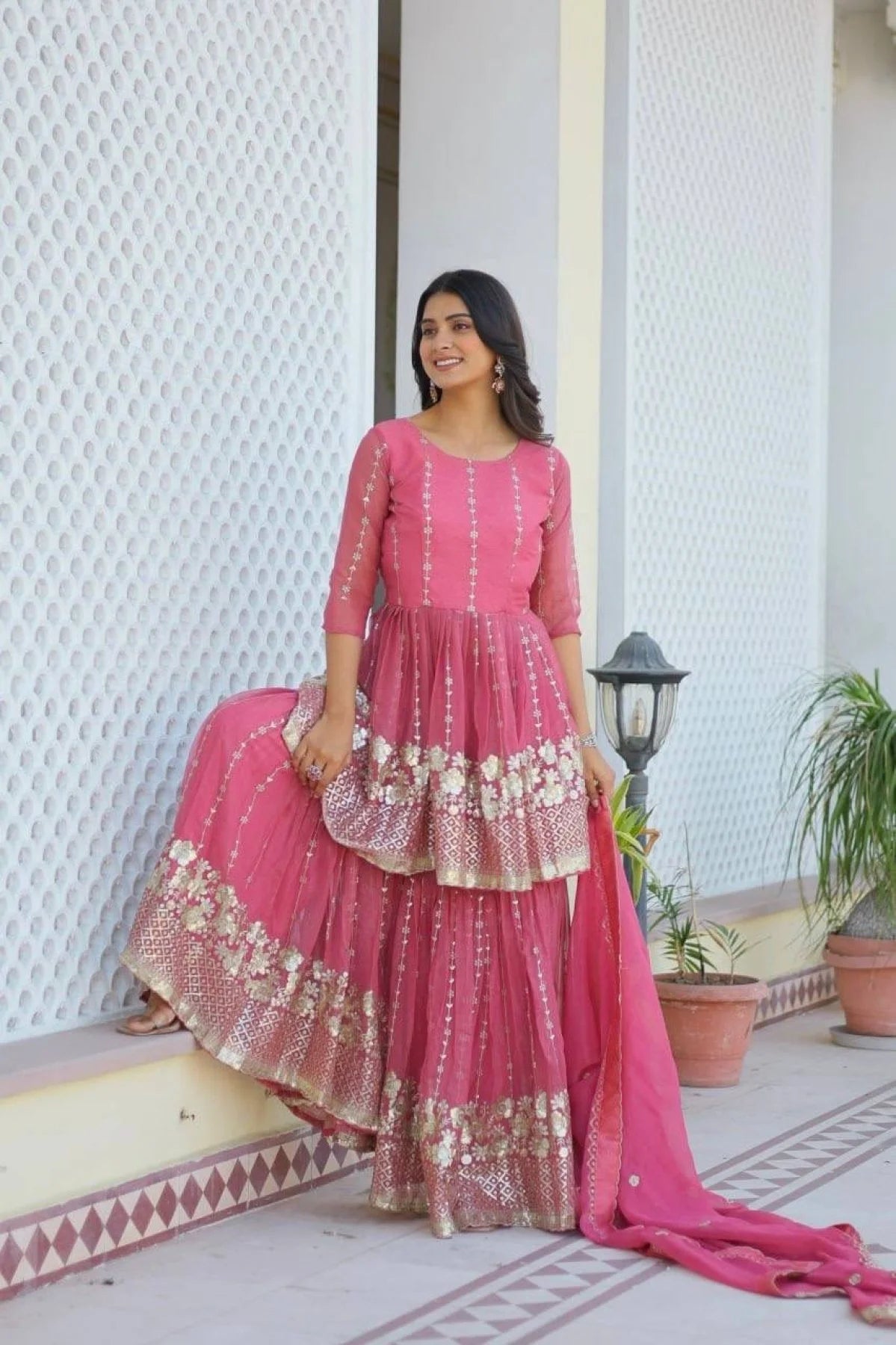 Premium Pure Shimmer Fabric Top Sharara Suit with Dupatta At Wholesale Price