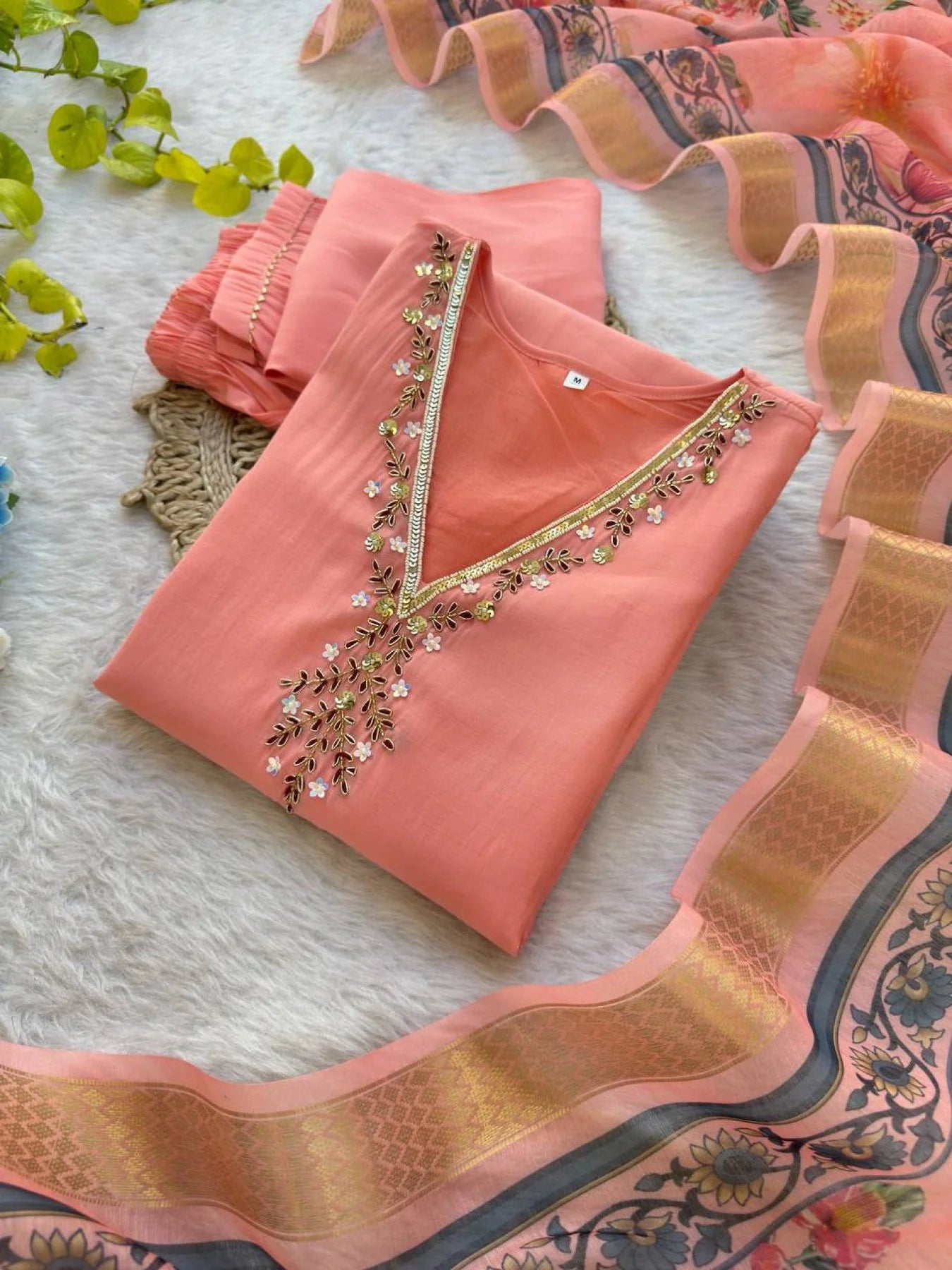 Peach Roman Silk Kurti Set with Miyani Pant & Digital Chanderi Dupatta Festive 3PC Wear for Wholesale Price