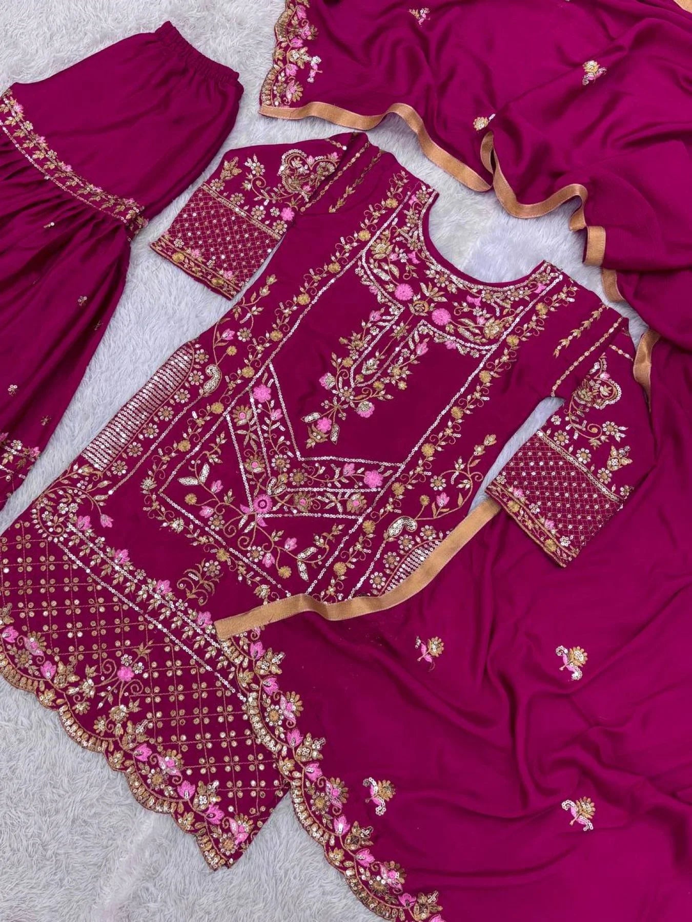 Exclusive Party Wear Readymade 3 Piece Set Pure Chinon Silk Kurti with Embroidery Sequin Work Heavy Set