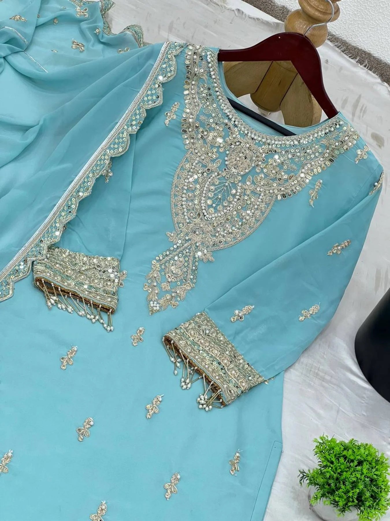 Luxurious Party Wear Sharara Suit Set Full Sleeves Embroidered Dupatta Ready to Wear Collection