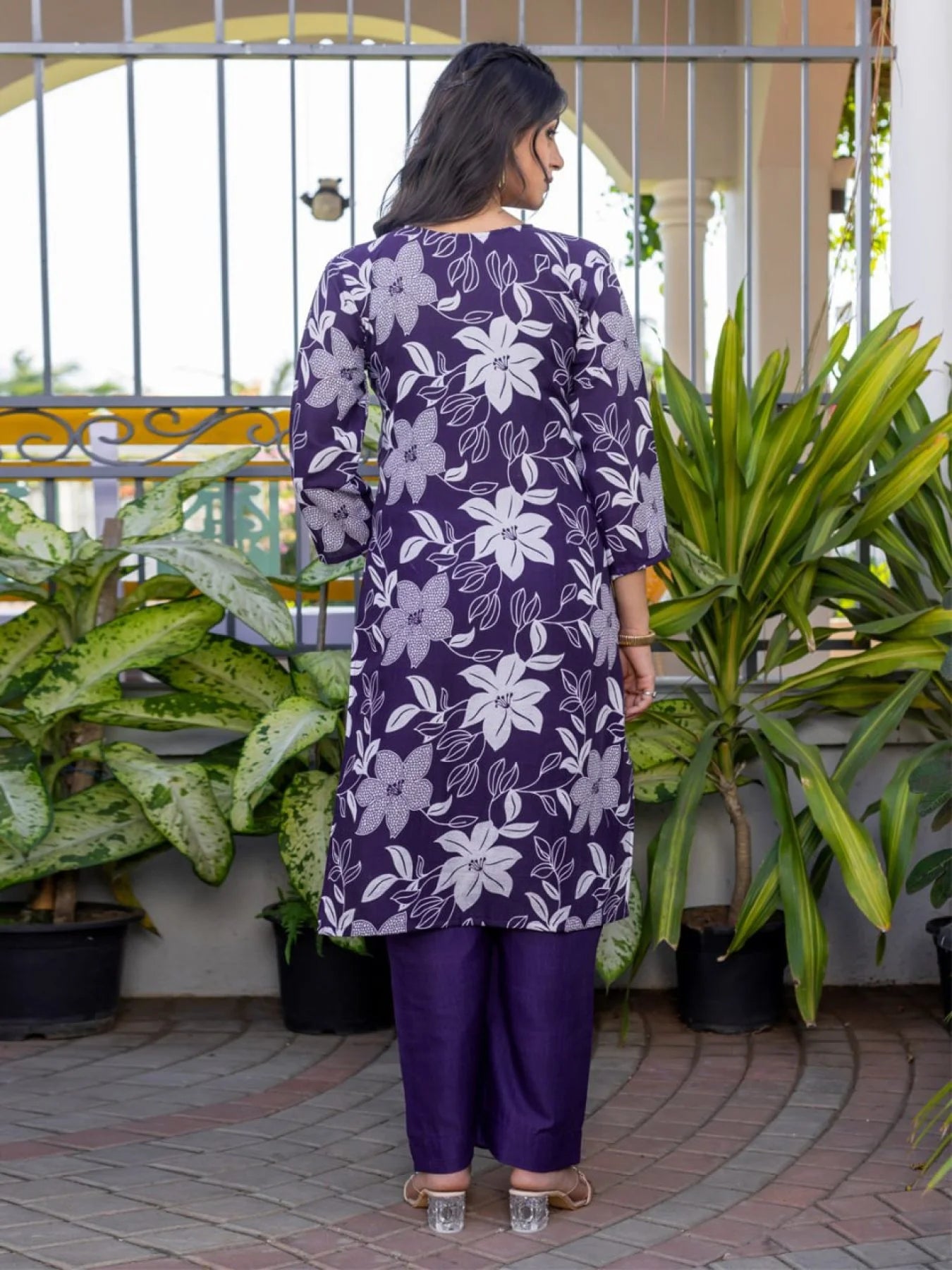 Purple Lightweight Cotton Kurti Set Ready to Wear 2 Piece Floral Design Summer Comfort Style