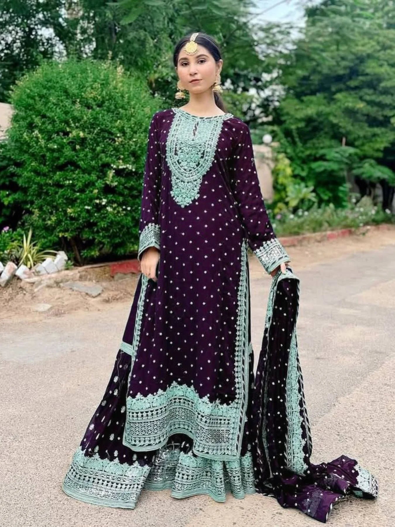 Women Maroon Designer Foux Georgette Embroidery and Sequence work Sharara set