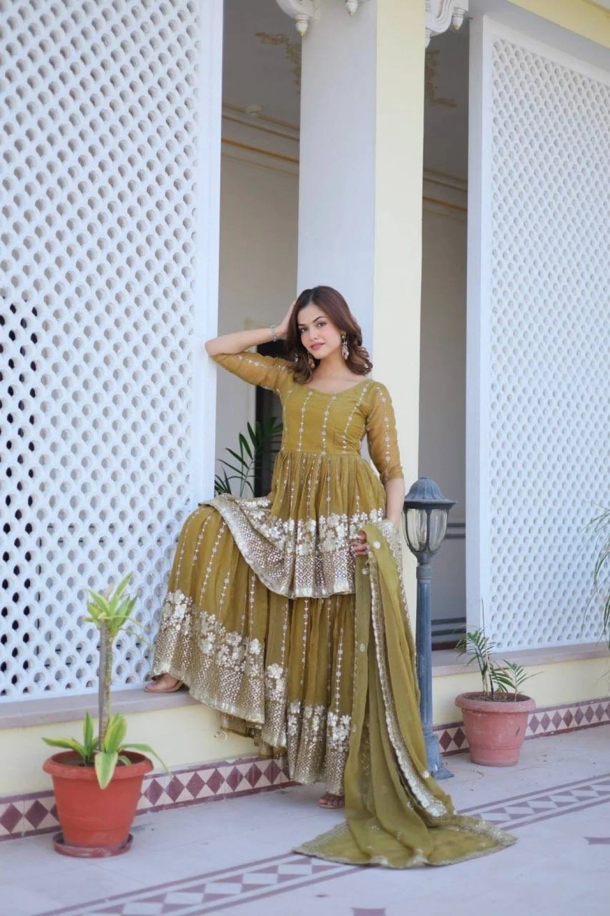 Premium Pure Shimmer Fabric Top Sharara Suit with Dupatta At Wholesale Price