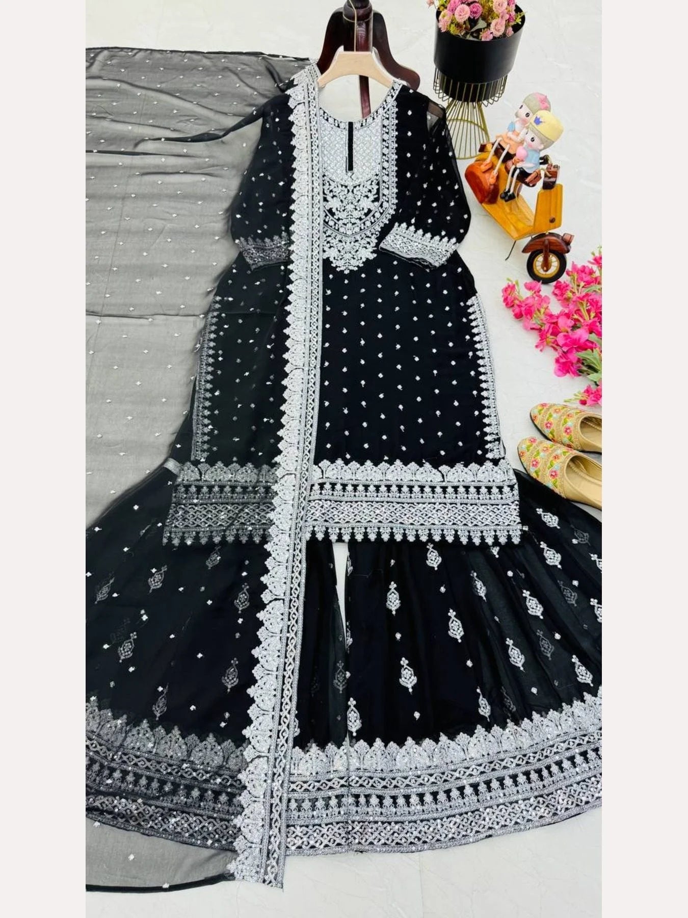 Women Black Designer Foux Georgette Embroidery and Sequence work Sharara set