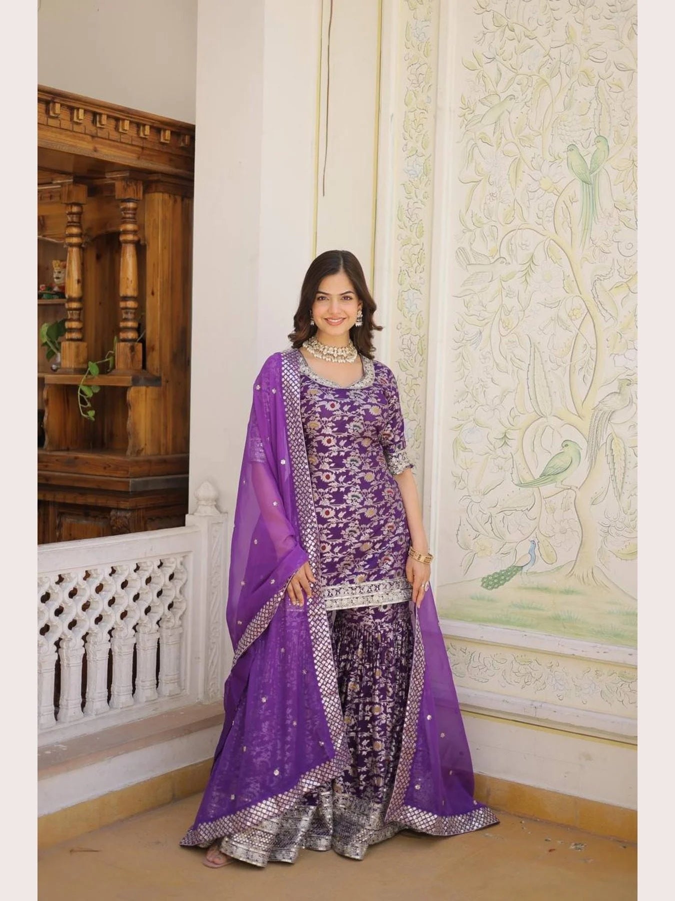 Ready to Wear wine Kurti Gharara in Viscose Jacquerd and Embroidery Sequence work with Russion Silk Dupatta