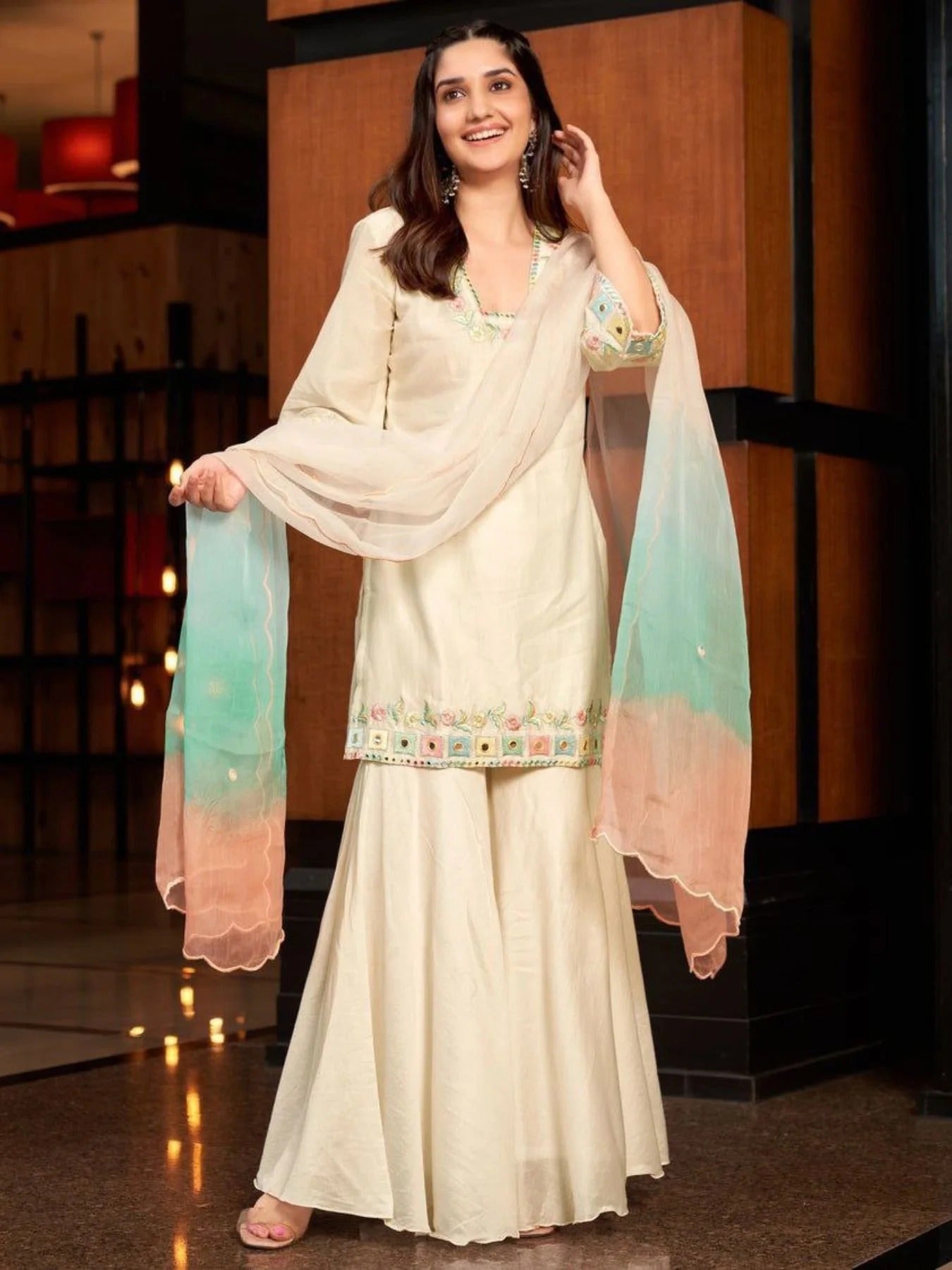 Bollywood Style Multicolor Embroidered Sharara Set in Banana Cotton Ready to Wear Party Palazzo Suit