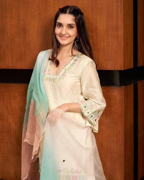 Bollywood Style Multicolor Embroidered Sharara Set in Banana Cotton Ready to Wear Party Palazzo Suit