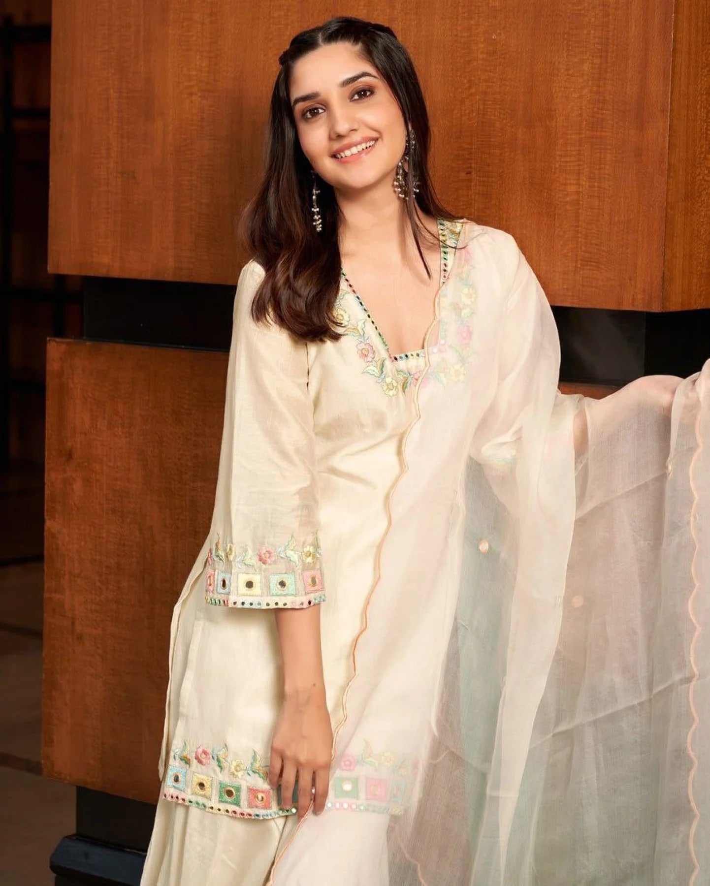 Bollywood Style Multicolor Embroidered Sharara Set in Banana Cotton Ready to Wear Party Palazzo Suit