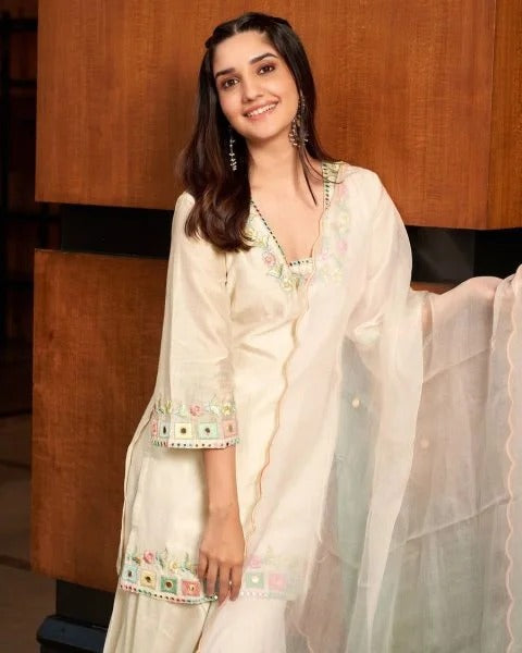 Bollywood Style Multicolor Embroidered Sharara Set in Banana Cotton Ready to Wear Party Palazzo Suit