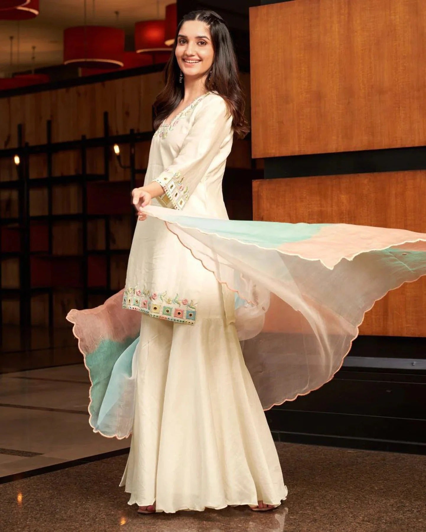 Bollywood Style Multicolor Embroidered Sharara Set in Banana Cotton Ready to Wear Party Palazzo Suit