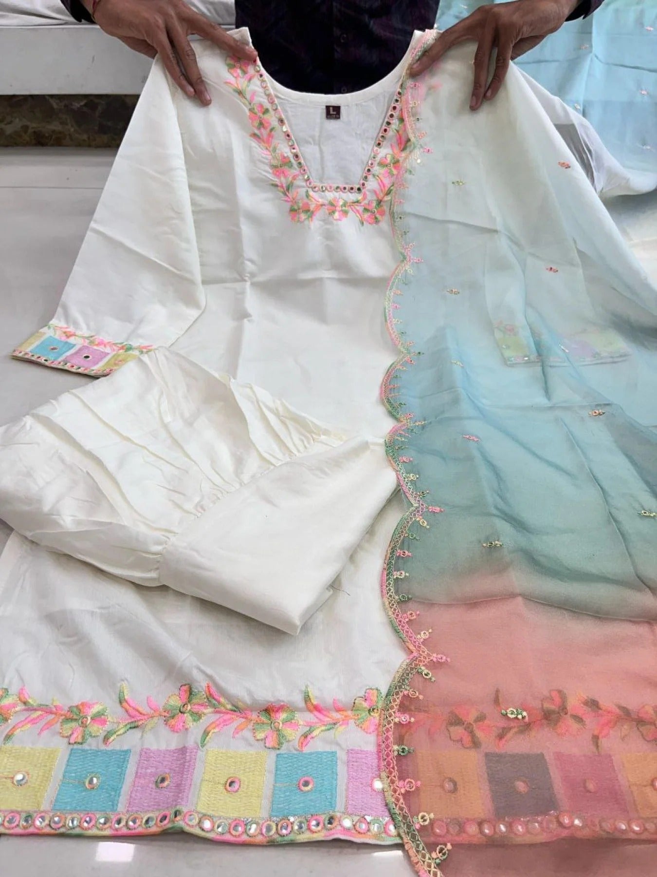 Bollywood Style Multicolor Embroidered Sharara Set in Banana Cotton Ready to Wear Party Palazzo Suit