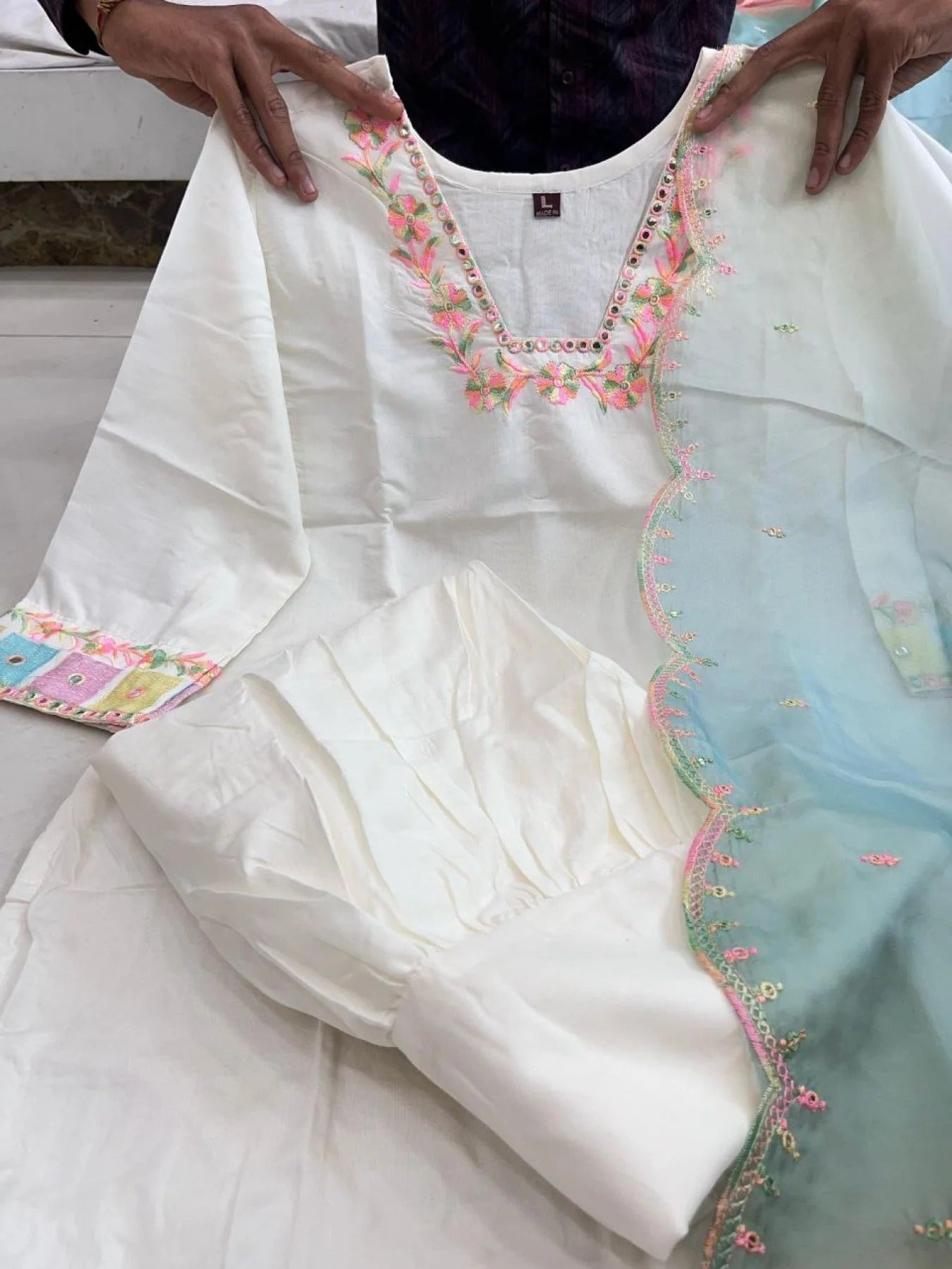 Bollywood Style Multicolor Embroidered Sharara Set in Banana Cotton Ready to Wear Party Palazzo Suit