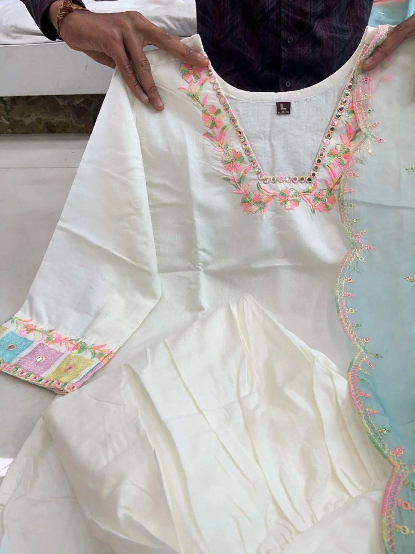 Bollywood Style Multicolor Embroidered Sharara Set in Banana Cotton Ready to Wear Party Palazzo Suit