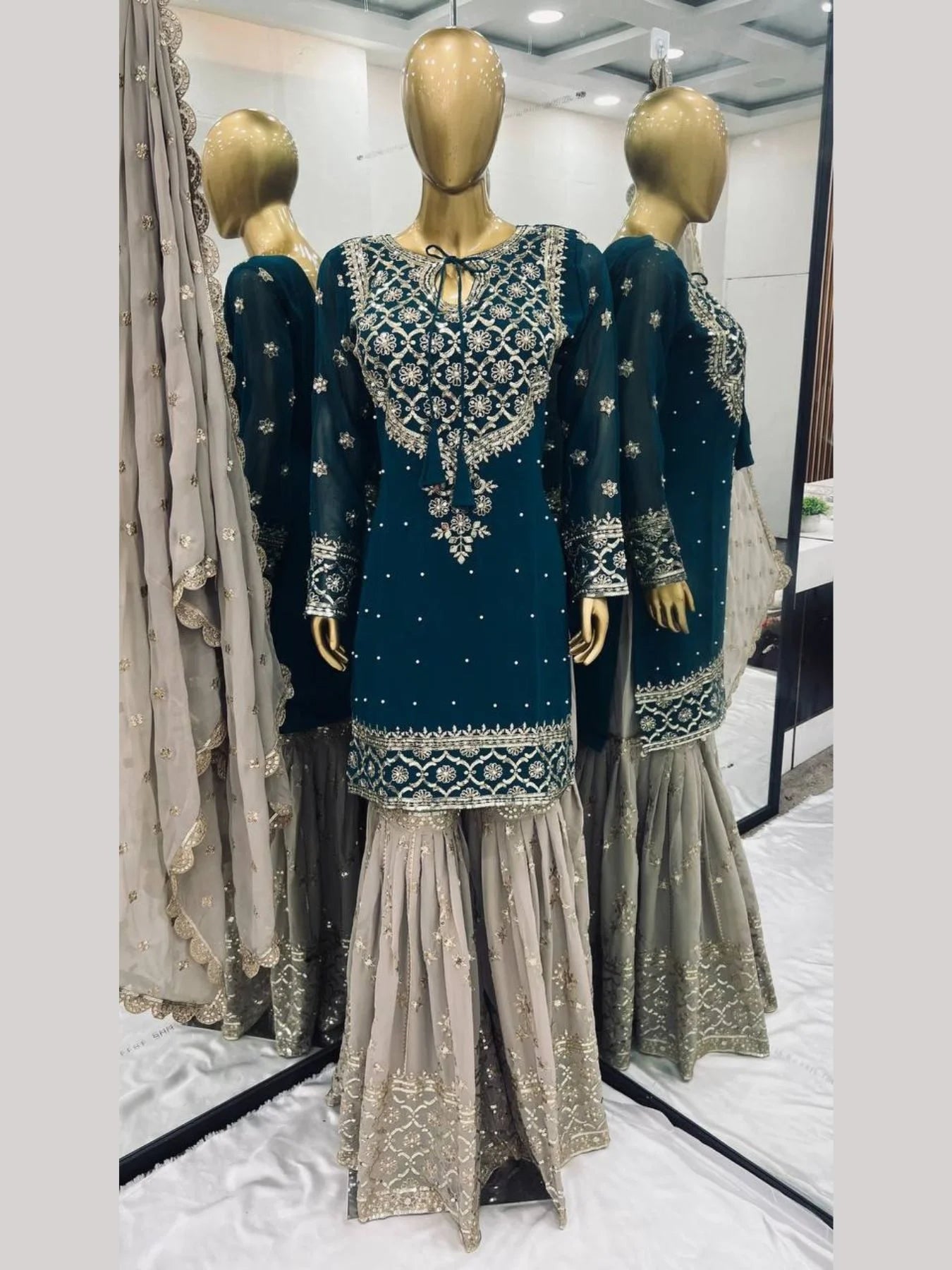 Top Designer 3 Piece Georgette Suit with Sharara and Embroidered Kurti Readymade Suit Set for Ladies