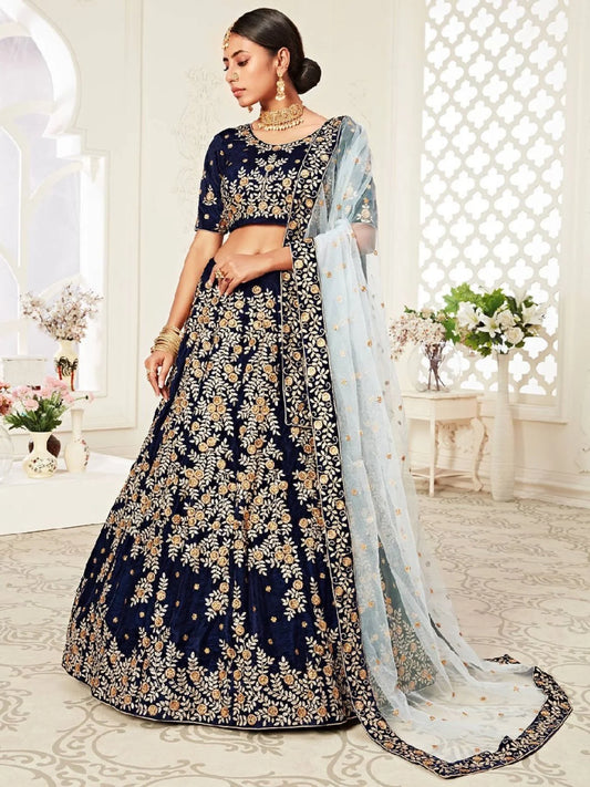 Luxury Navy Blue Velvet Lehenga Choli with Zari Diamond Work Best Offer from Manufacturer at Wholesale Price