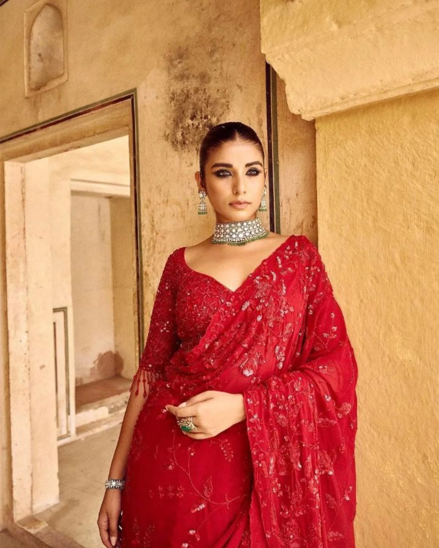 Red Georgette Hand Embroidered Saree for Girls Farewell By Menufechar