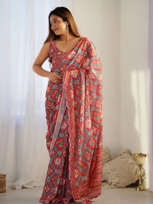 Online Shopping Deal Heavy Printed Chinon Saree with Fancy Mirror Work Lace for Women