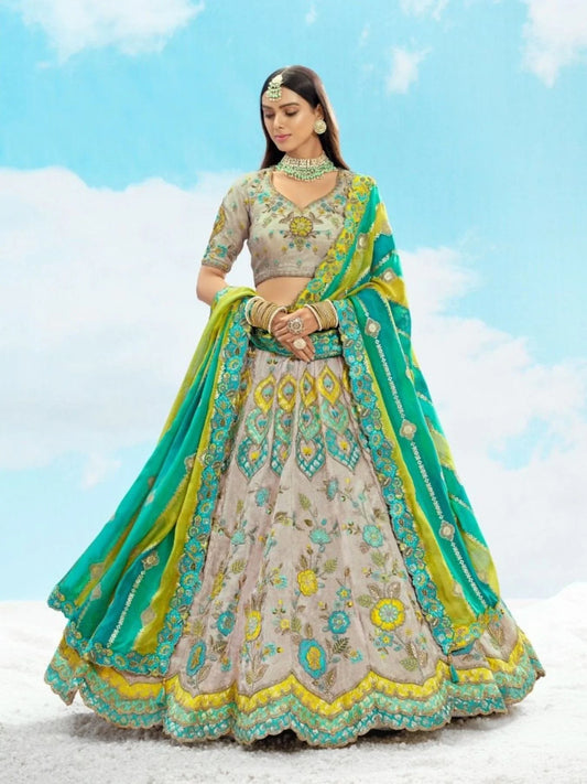 Fancy Silk Wedding Wear Lehenga in Multi Color With Embroidery work