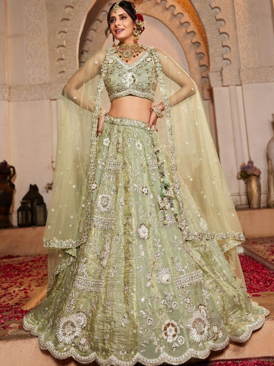 Designer Pista Green Lehenga Choli with Heavy Embroidery Cut Work Border Wholesale Supplier Surat