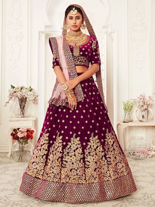 Purple Velvet Bridal Lehenga Choli Set Dori Zari Sequins Embroidery Surat Wholesaler