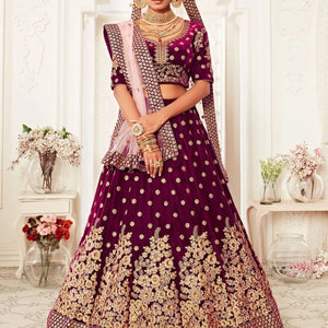 Purple Velvet Bridal Lehenga Choli Set Dori Zari Sequins Embroidery Surat Wholesaler