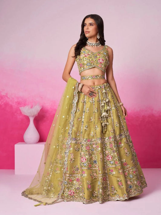 Mustard Bridal Net Lehenga Mirror Moti &Thread Work with Tassel Belt Semi Stitched Export Design for Dealers