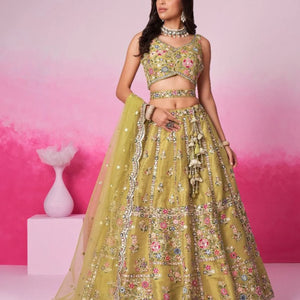 Mustard Bridal Net Lehenga Mirror Moti &Thread Work with Tassel Belt Semi Stitched Export Design for Dealers
