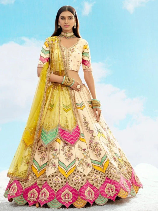 Cream Color Embroidered Wedding Lehenga Choli With Dupatta