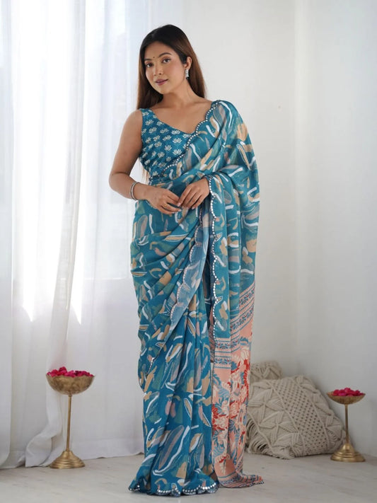 Teal Blue Chinon Mirror Work Saree Best Online Offer for Trusted Surat Supplier
