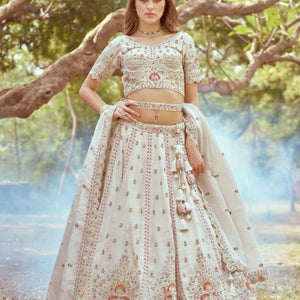 Surat Premium Bridal Tissue Lehenga Heavy Cream Set with Zari, Stone & Beads Work Latest Exporter Design at Wholesale Price
