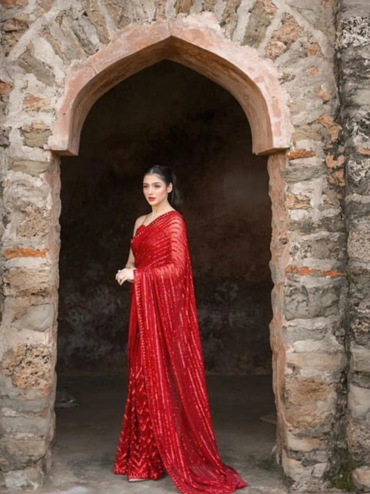 Party Wear Red Saree With Blouse Indian Sabyasachi Saree