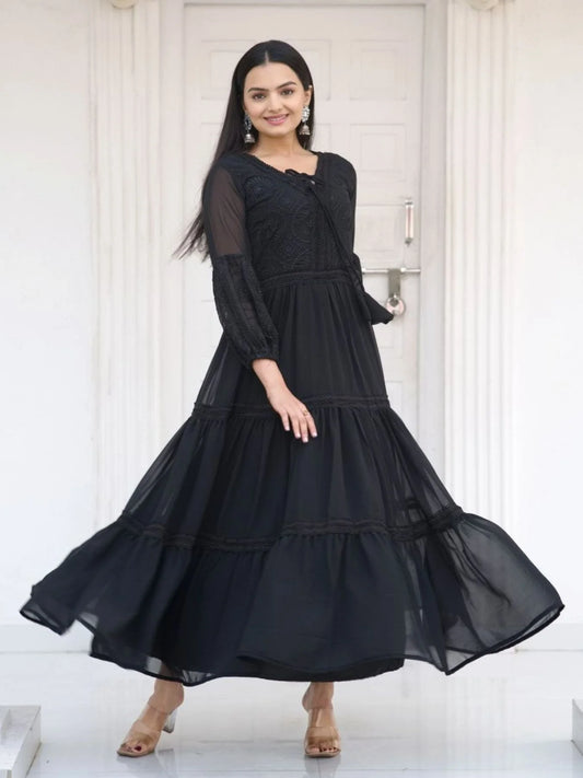 Stylish Party Wear Fox Georgette Gown with Front & Back Embroidery Work