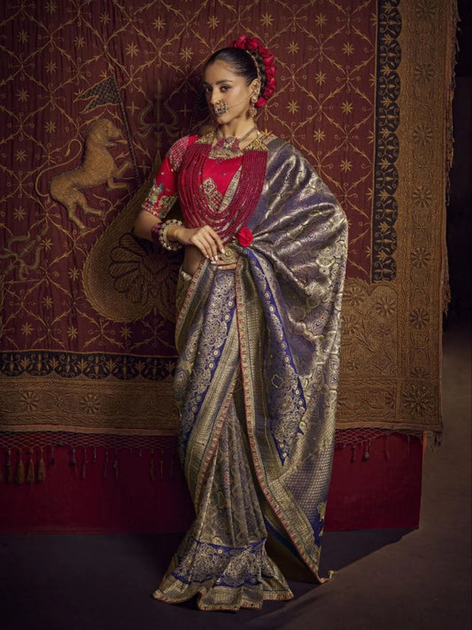 Pure Viscose Dola Fancy Lace Border Wedding Saree with Handwork Blouse Available At Low Price