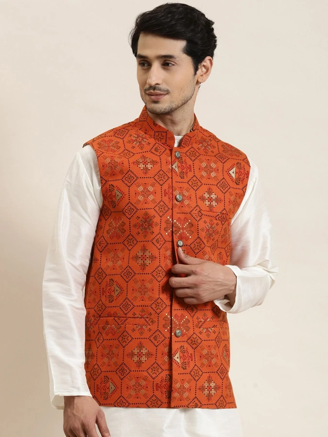 Popular Mens Cotton Linen Orange Printed Kurta & Jacket Set Full 3 Piece Ready Collection Wholesale Offer 2025 Collection
