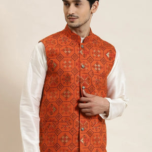 Popular Mens Cotton Linen Orange Printed Kurta & Jacket Set Full 3 Piece Ready Collection Wholesale Offer 2025 Collection