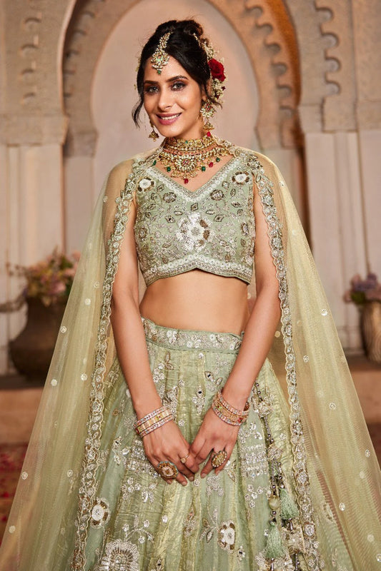 Designer Pista Green Lehenga Choli with Heavy Embroidery Cut Work Border Wholesale Supplier Surat