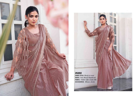 Exquisite Bead Embellished Satin Silk Ombre Saree with Designer Jacket for Wedding and Party Wear