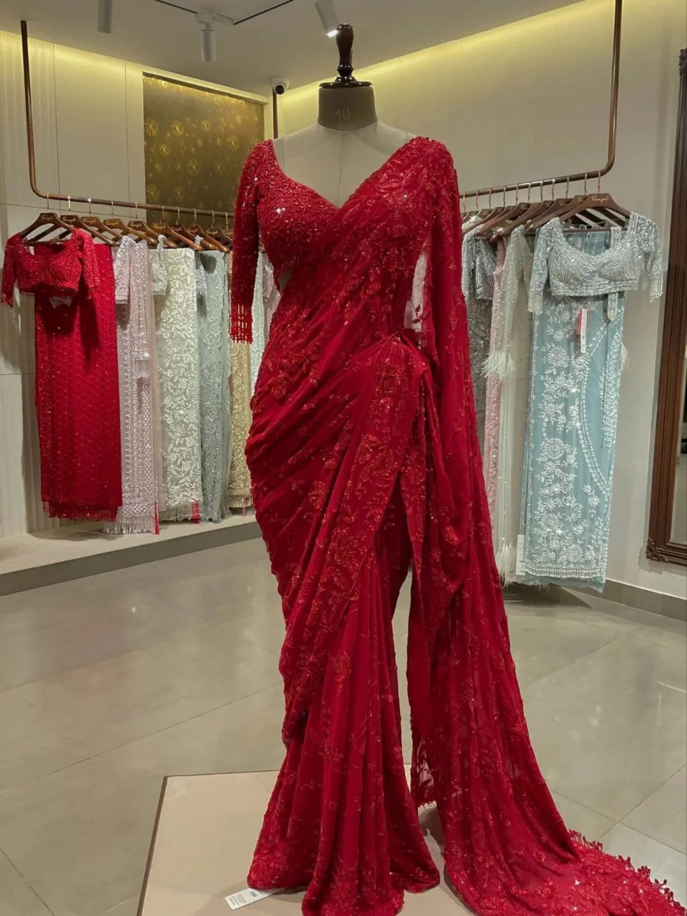 Red Georgette Hand Embroidered Saree for Girls Farewell By Menufechar