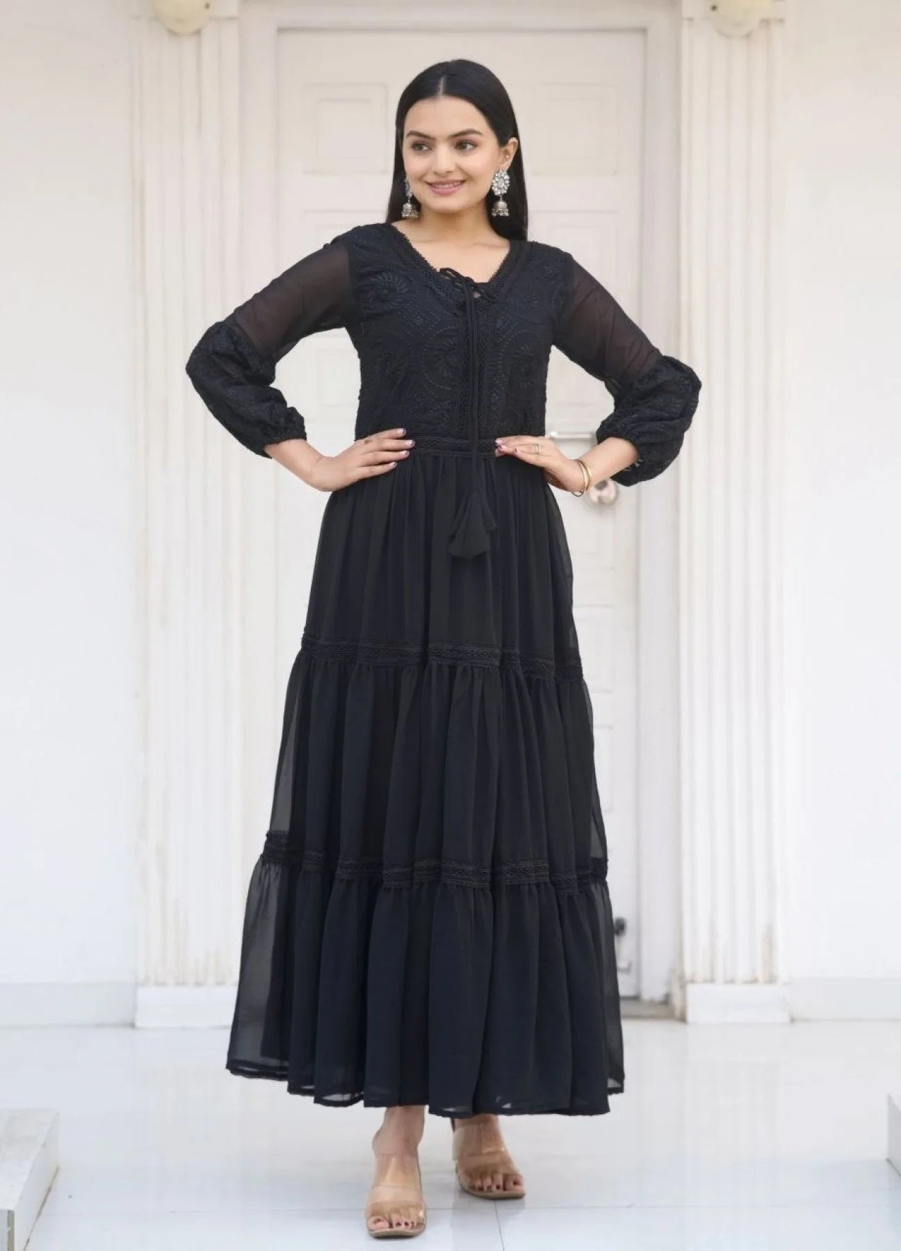 Stylish Party Wear Fox Georgette Gown with Front & Back Embroidery Work
