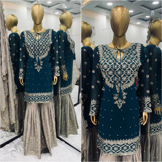 Top Designer 3 Piece Georgette Suit with Sharara and Embroidered Kurti Readymade Suit Set for Ladies