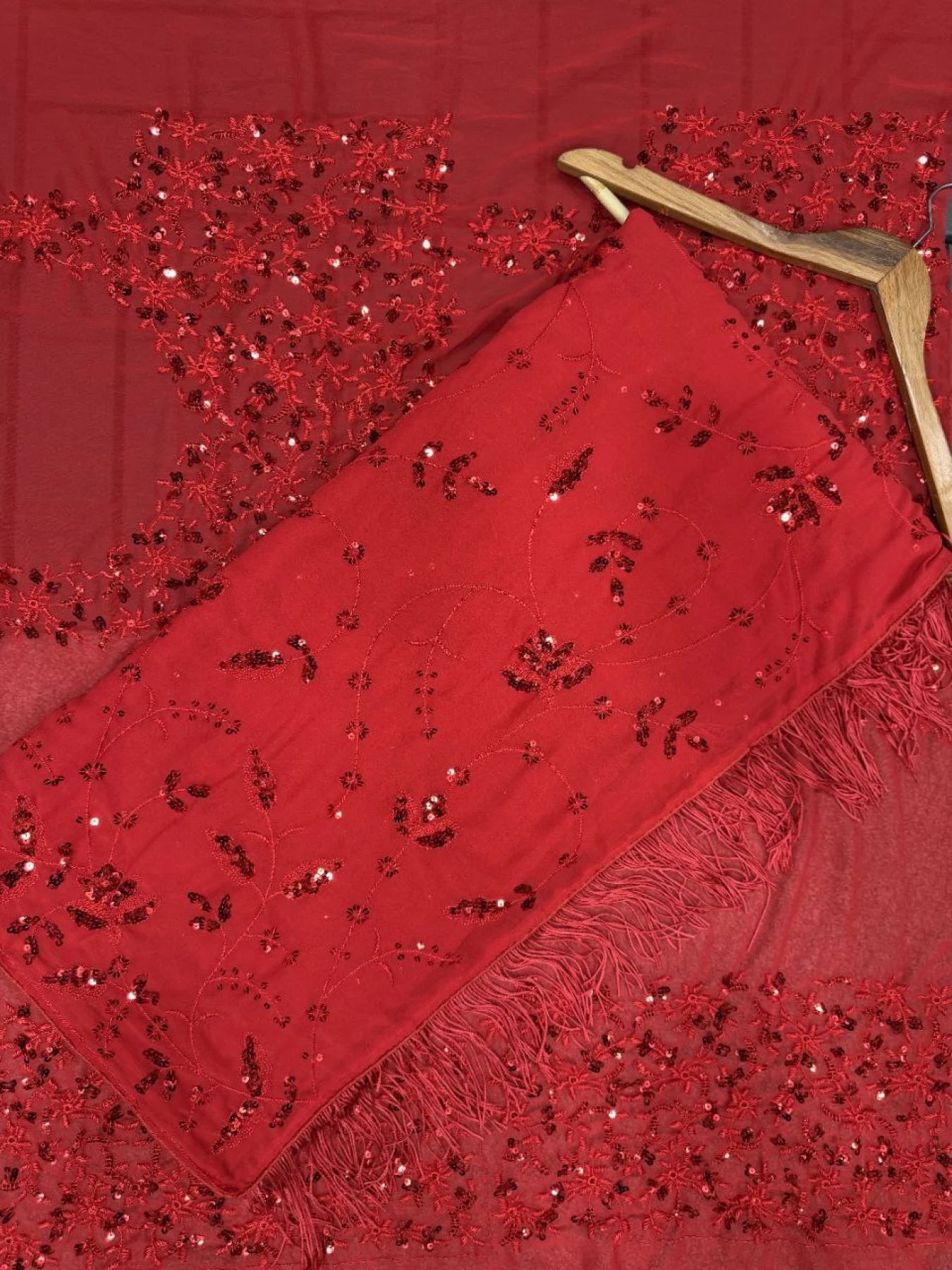 Red Georgette Hand Embroidered Saree for Girls Farewell By Menufechar