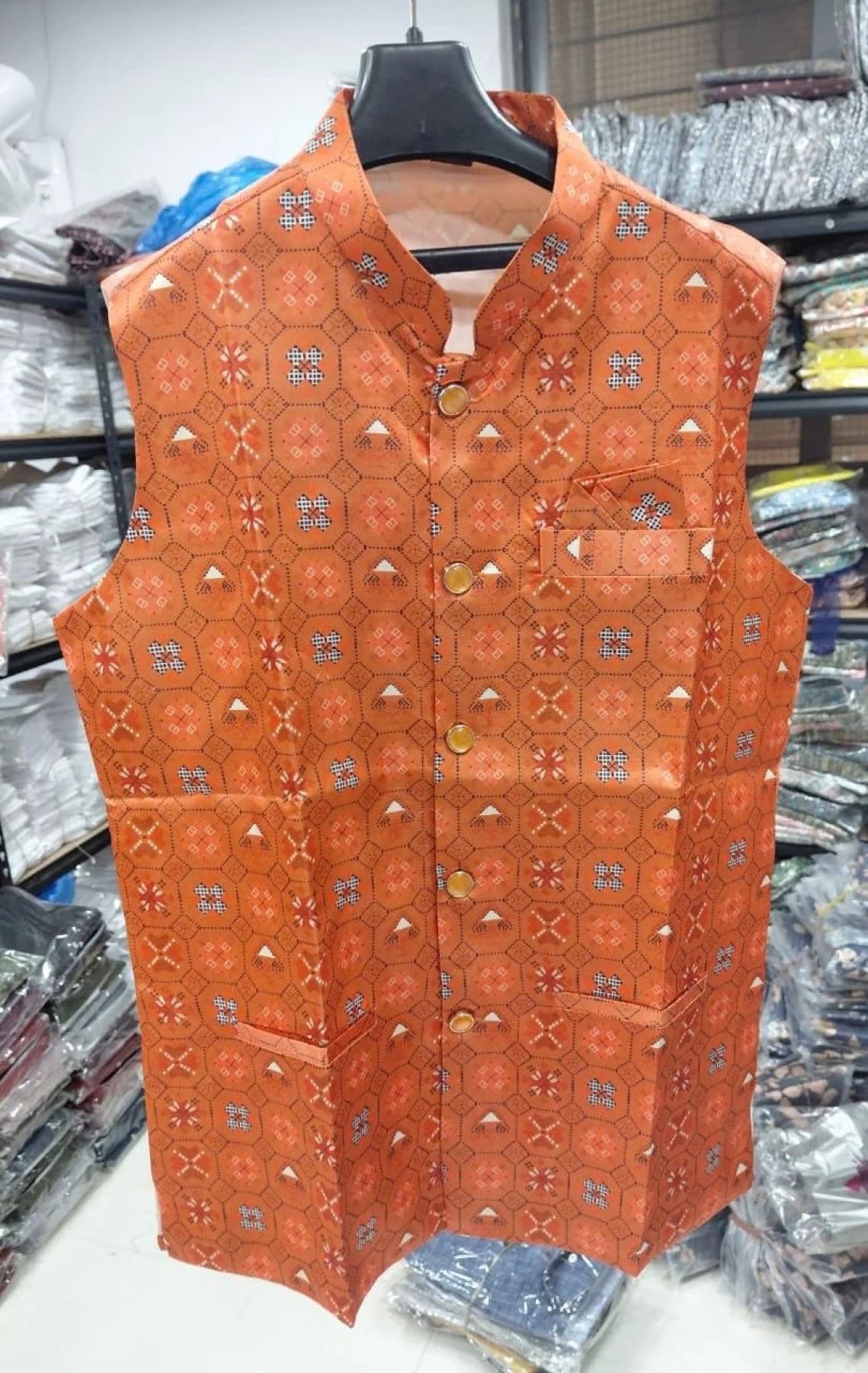 Popular Mens Cotton Linen Orange Printed Kurta & Jacket Set Full 3 Piece Ready Collection Wholesale Offer 2025 Collection