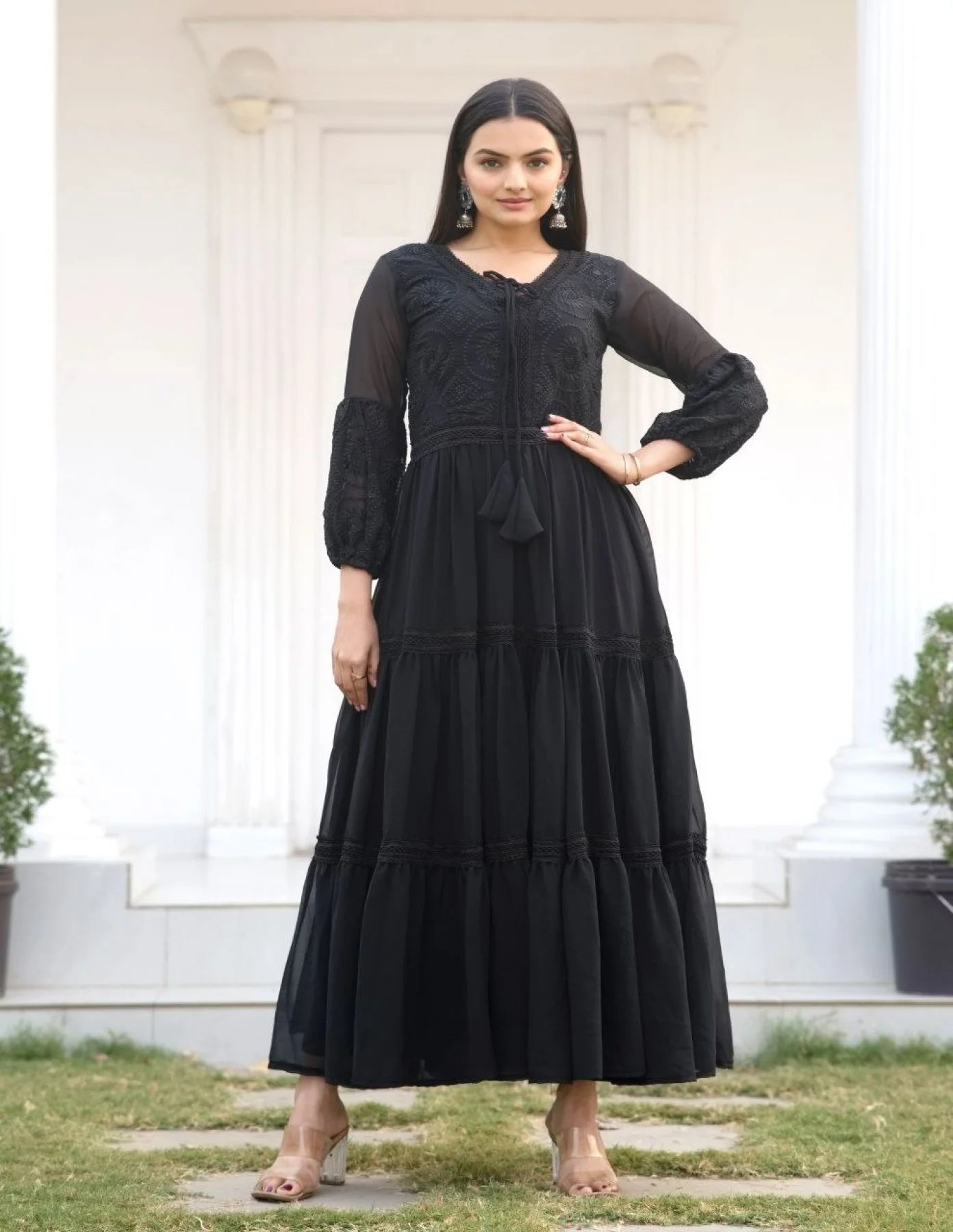 Stylish Party Wear Fox Georgette Gown with Front & Back Embroidery Work