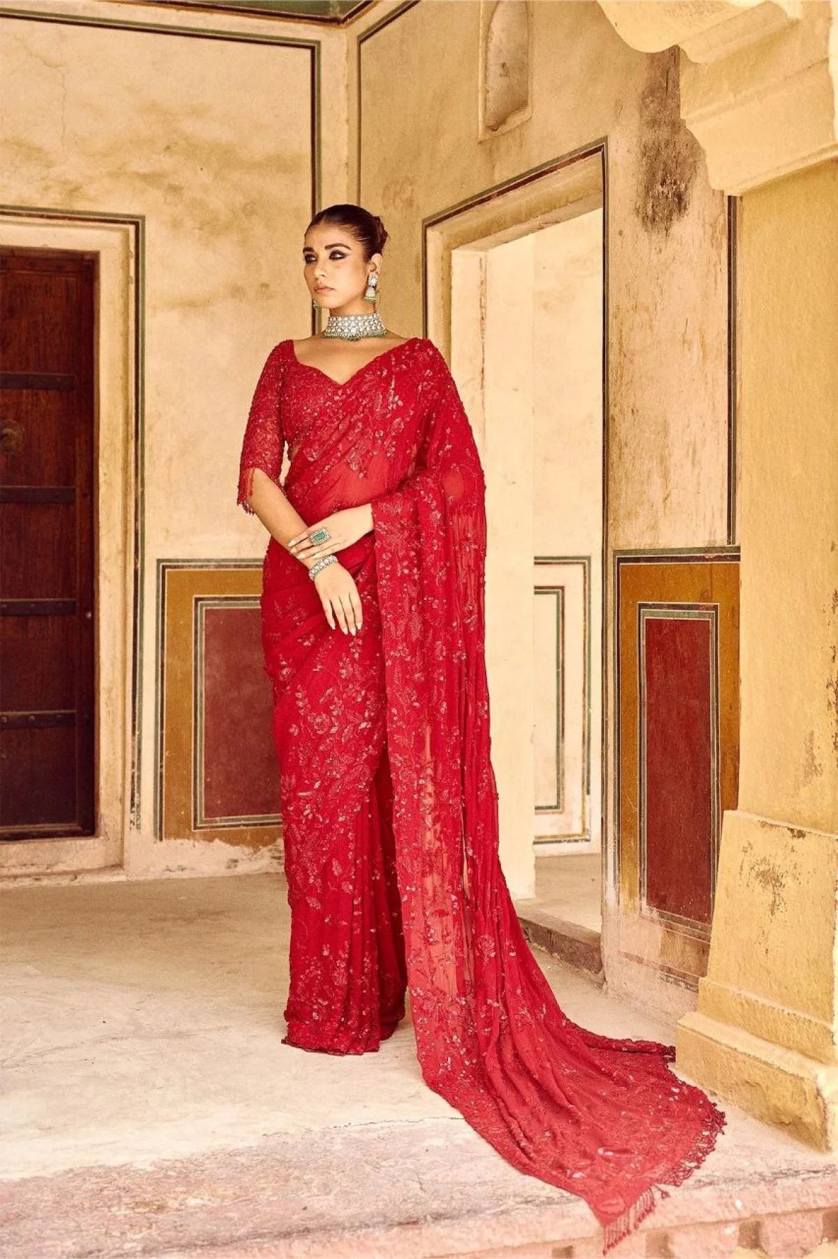 Red Georgette Hand Embroidered Saree for Girls Farewell By Menufechar