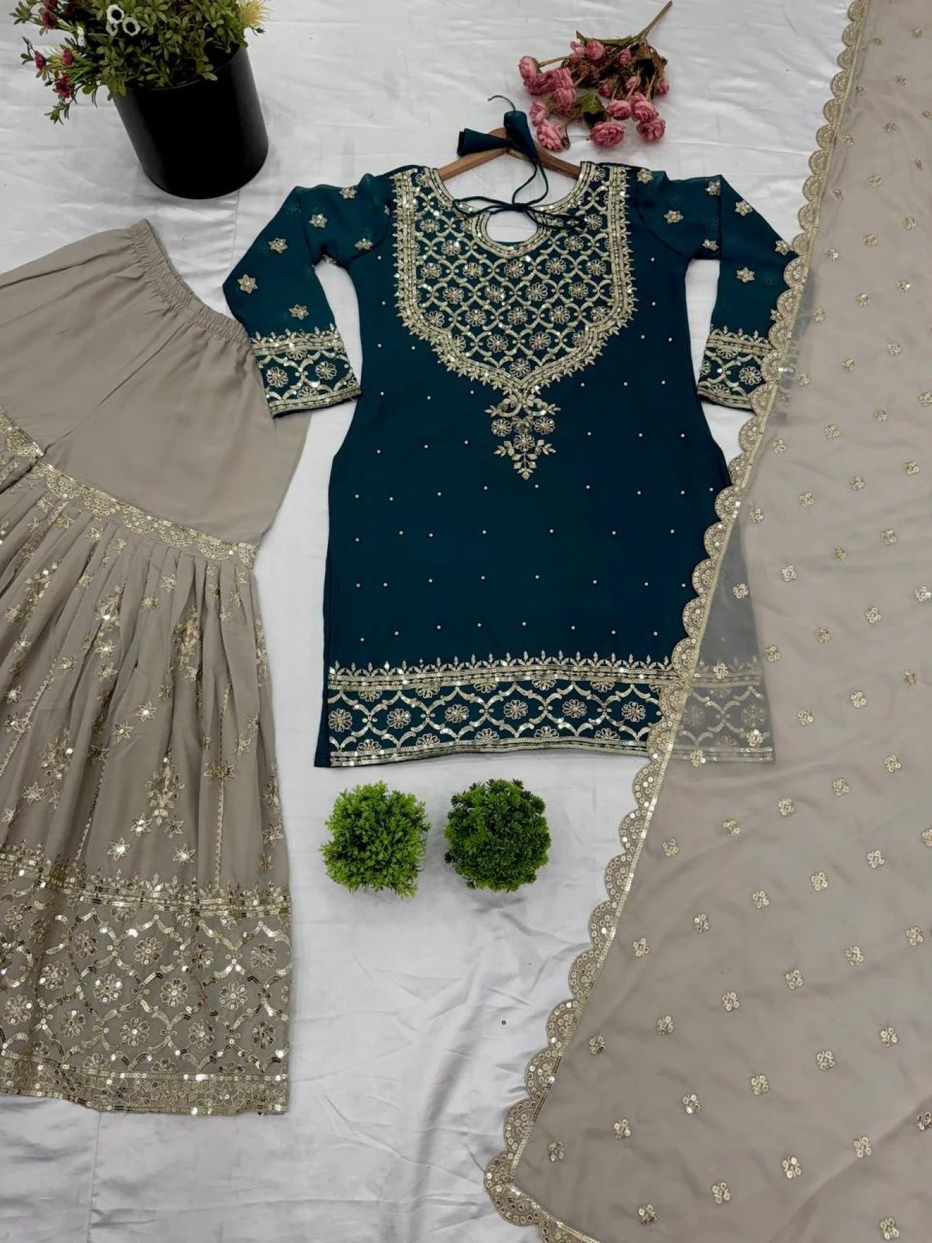 Top Designer 3 Piece Georgette Suit with Sharara and Embroidered Kurti Readymade Suit Set for Ladies