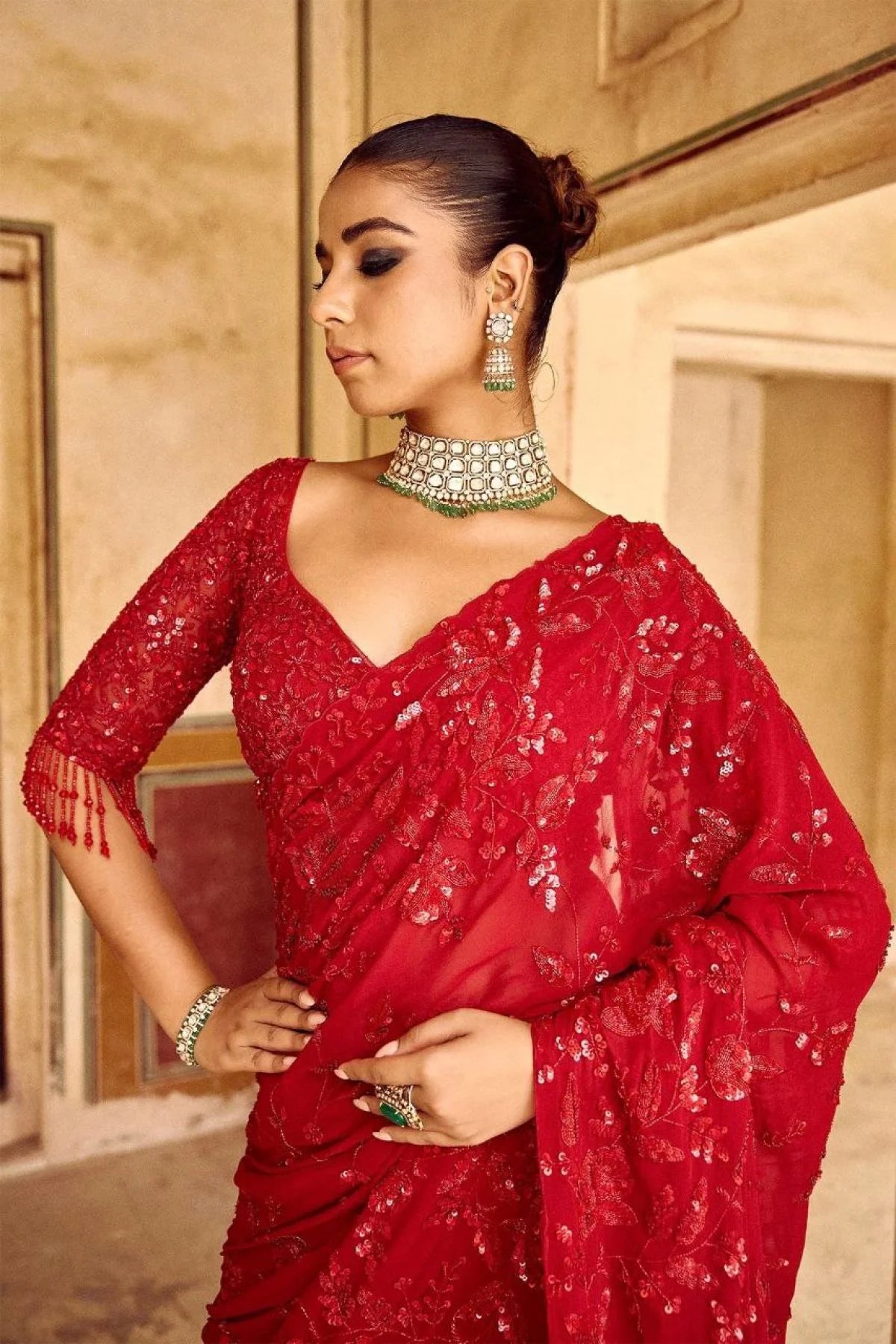 Red Georgette Hand Embroidered Saree for Girls Farewell By Menufechar