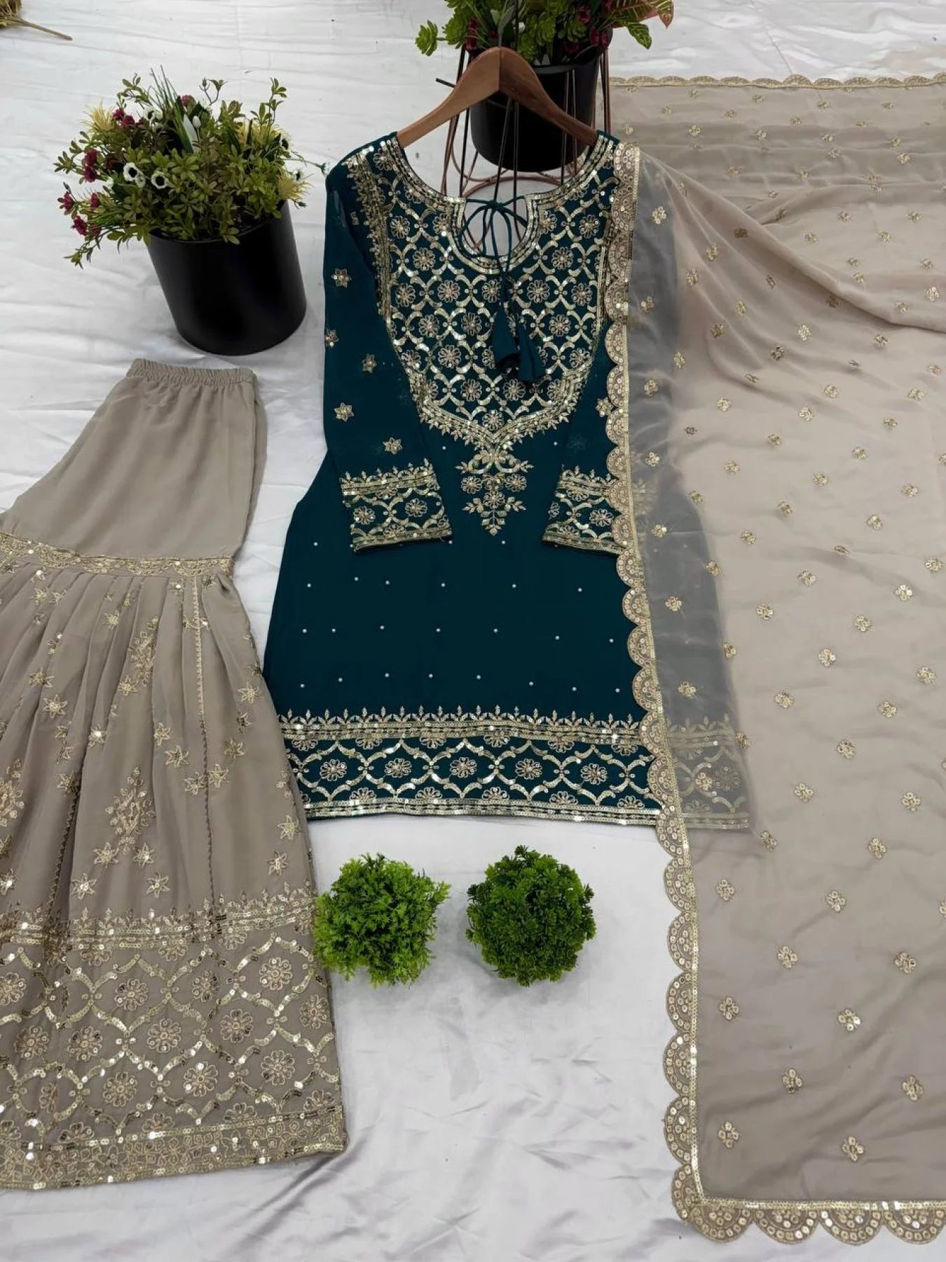 Top Designer 3 Piece Georgette Suit with Sharara and Embroidered Kurti Readymade Suit Set for Ladies