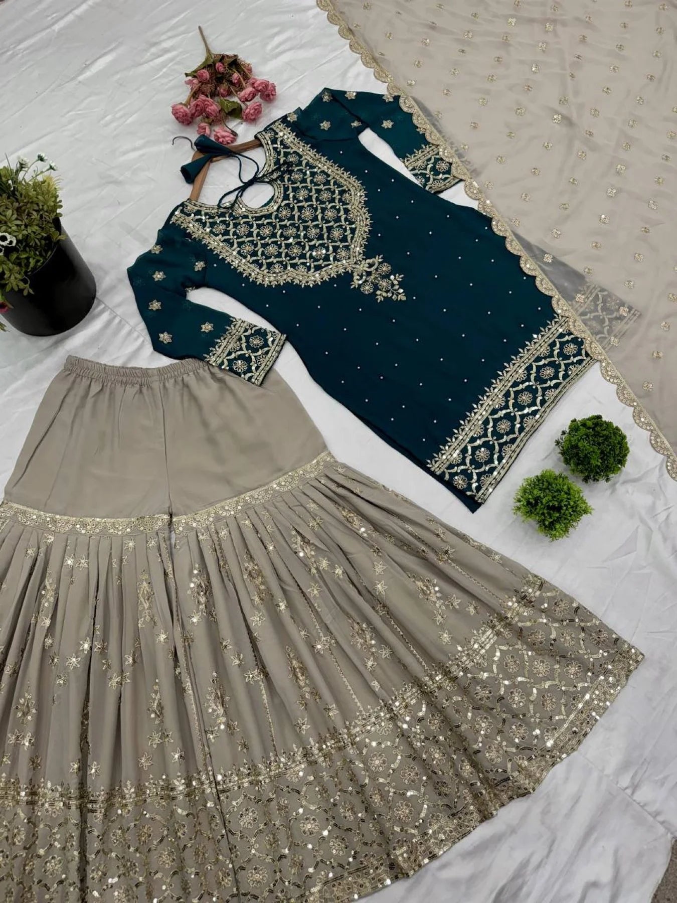 Top Designer 3 Piece Georgette Suit with Sharara and Embroidered Kurti Readymade Suit Set for Ladies