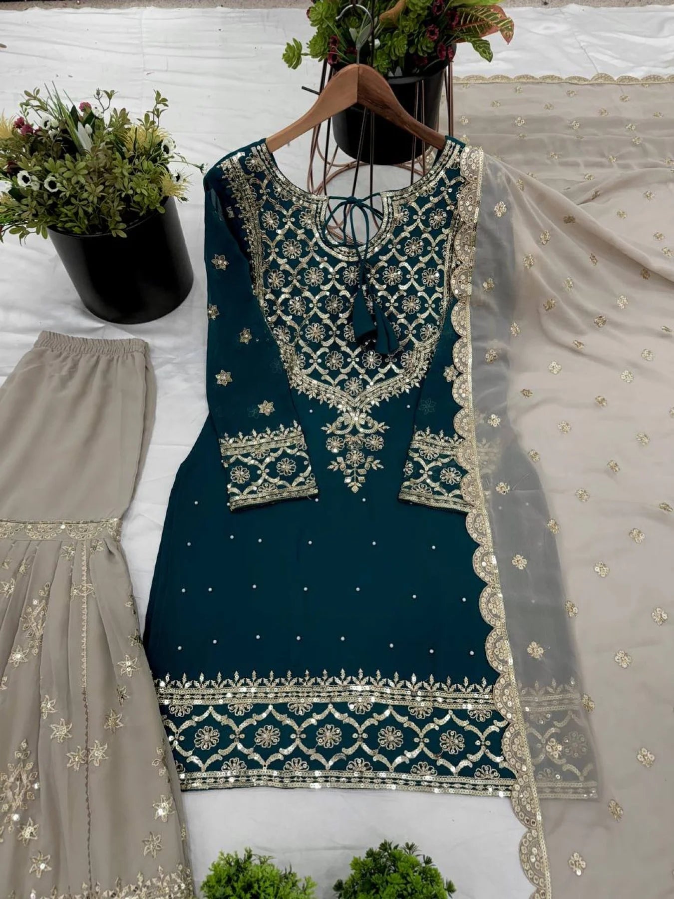 Top Designer 3 Piece Georgette Suit with Sharara and Embroidered Kurti Readymade Suit Set for Ladies