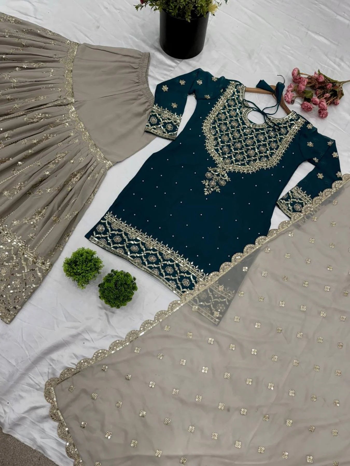 Top Designer 3 Piece Georgette Suit with Sharara and Embroidered Kurti Readymade Suit Set for Ladies